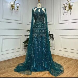 SERENE HILL dark green mermaid cape sleeveless beaded luxury evening dress